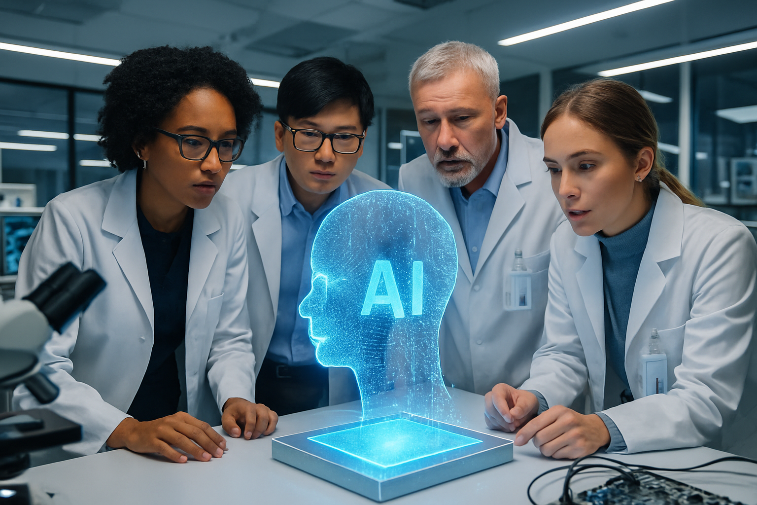 Equipo de investigadores interactuando con una proyección holográfica de IA en el laboratorio de Kyndryl