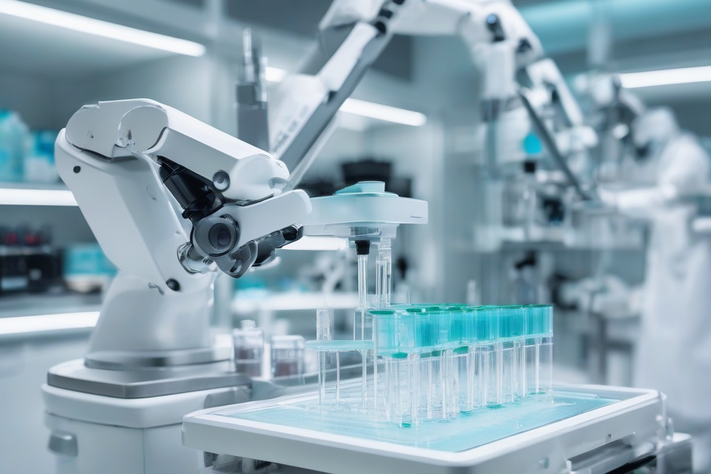 Robotic laboratory arm handling multi-well sample plates in an automated facility
